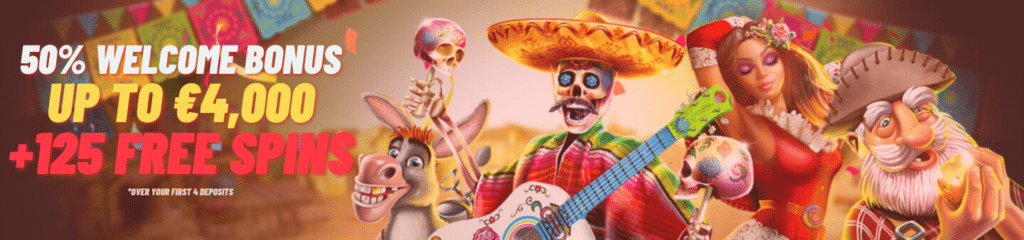 a picture showing the welcome bonus amount available and dancing skeleton with a mexican hat and a guitar